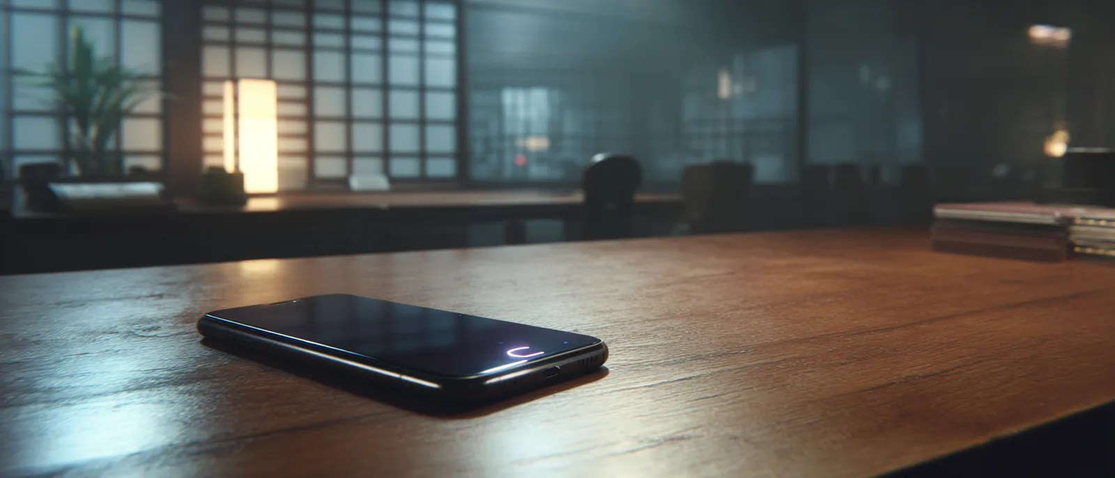 オフィスの机に置かれたスマートフォンとセキュリティリスクのイメージ