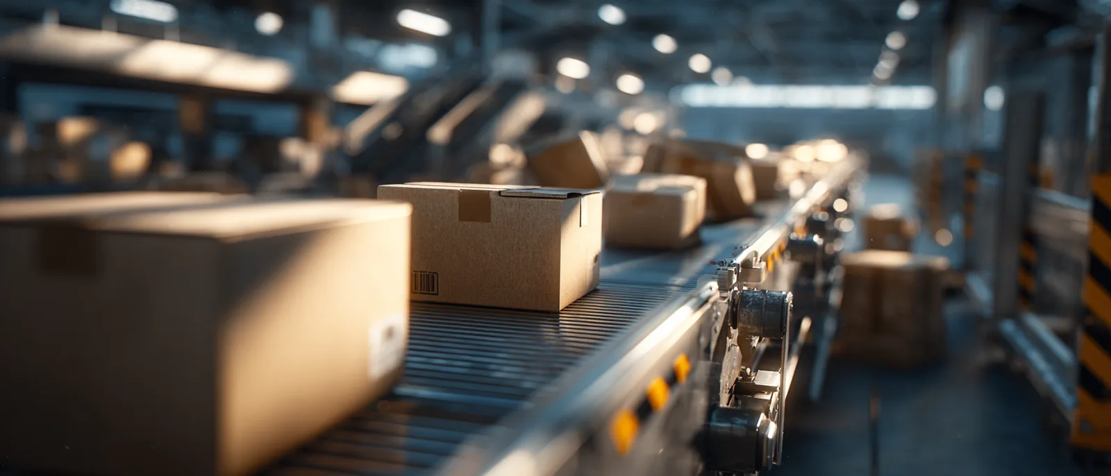 突然停止した工場の自動化ラインと積み上がった荷物