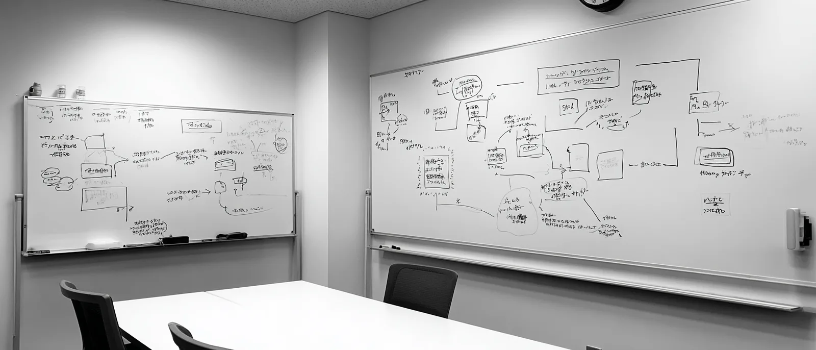 組織再設計の途中を示すホワイトボードと静かな会議室