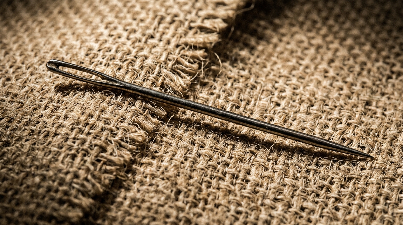 수많은 보안 노이즈 속 진짜 위협을 찾는다는 의미의 삼베 위 바늘 클로즈업