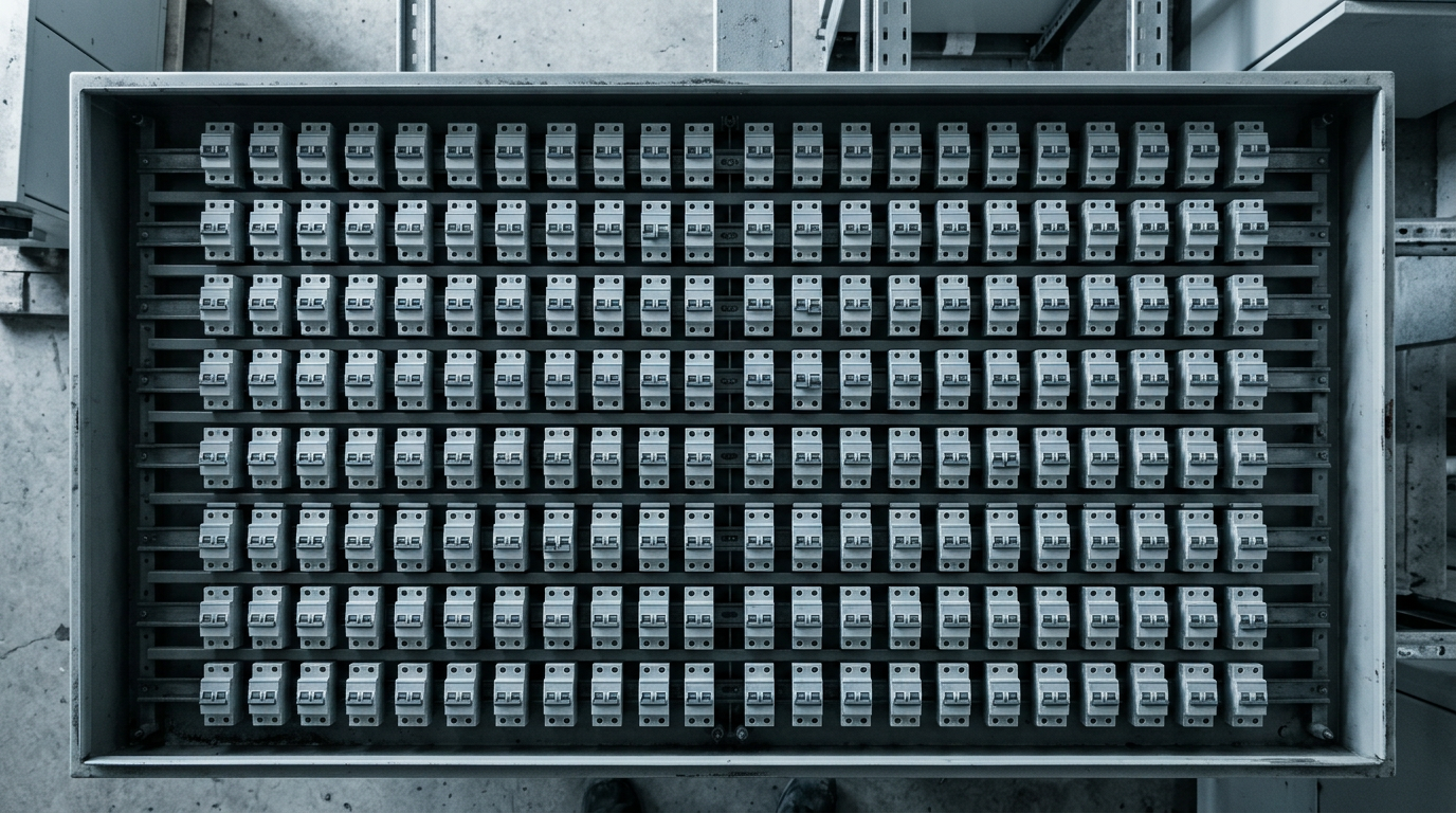 핵심 보안 알람 규칙 5개 설정 개념을 표현한 전기 차단기 패널 조감