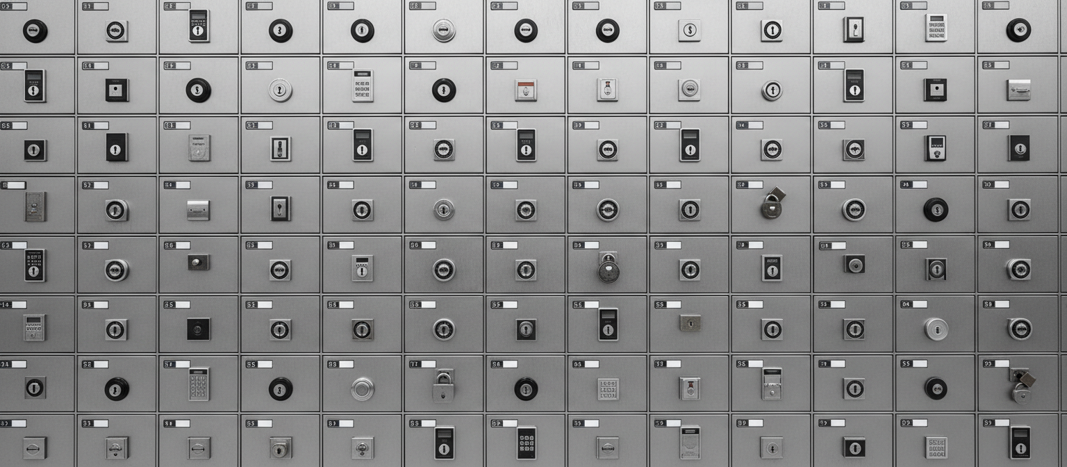 A grid of identical lockers each with a unique lock, representing the structured selection of specialized AI tools for different business needs