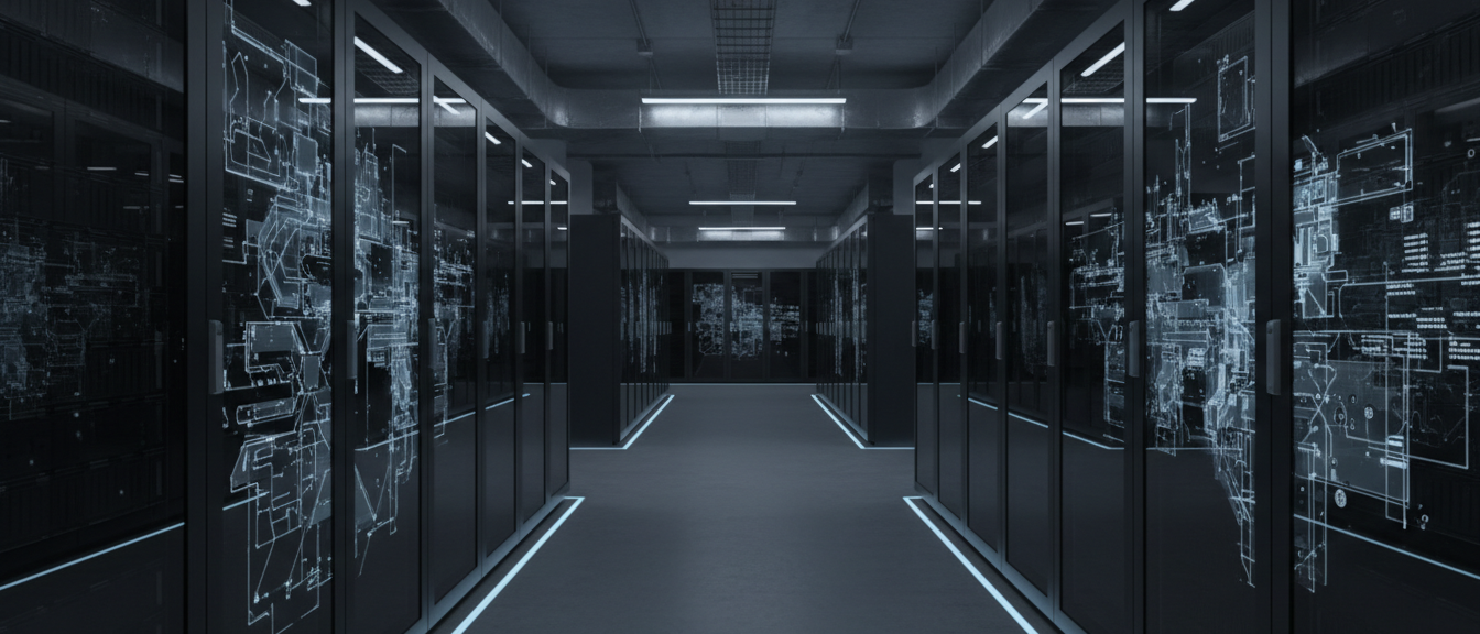 A data center corridor symbolizing AI as embedded company infrastructure