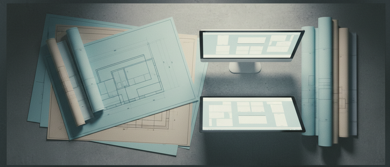 Layered architectural blueprints and clean displays on a matte desk, symbolizing AI instruction files