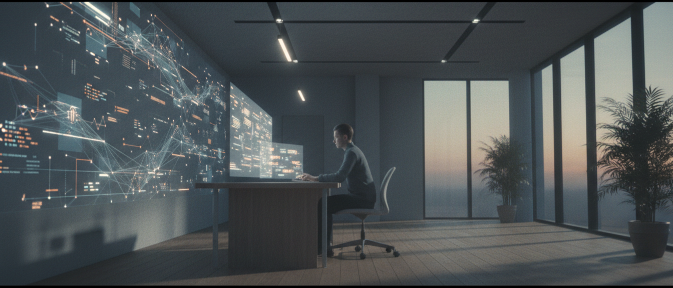 A single person working at a minimal desk with abstract data lines flowing on the wall behind, depicting human-AI collaboration