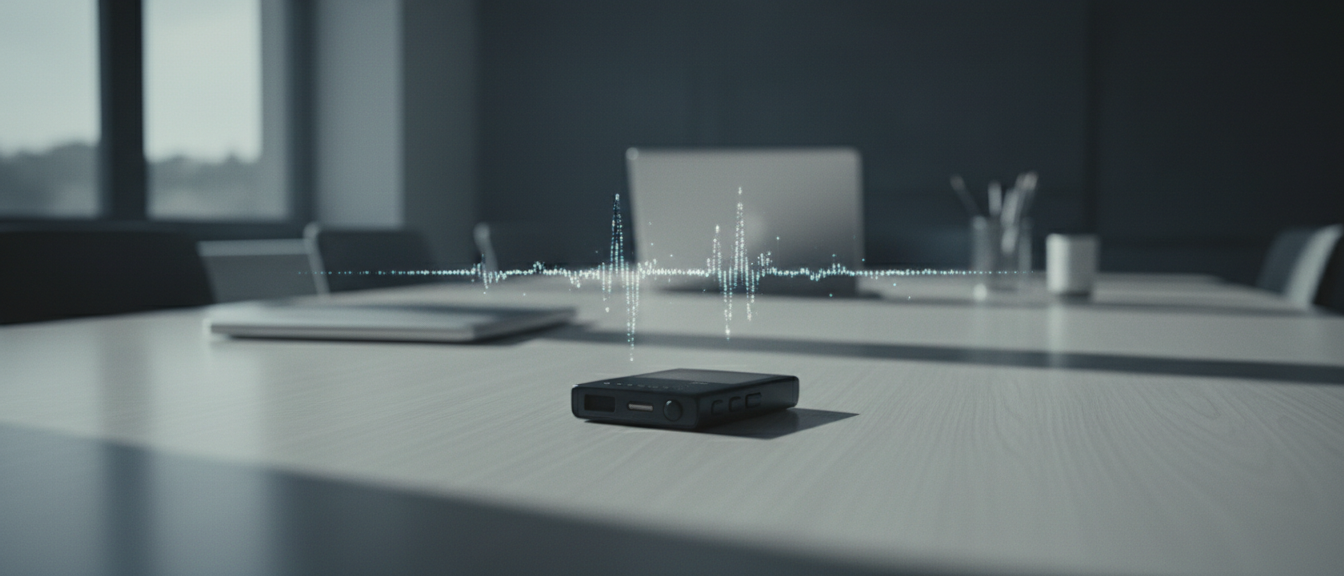 A small voice recorder resting on a clean meeting table with a blurred laptop