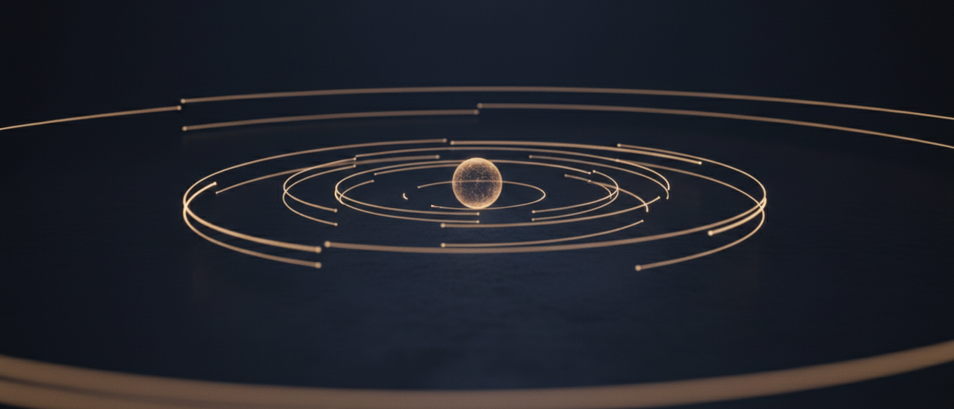 Abstract visualization of three glowing guardrail loops around a central AI node