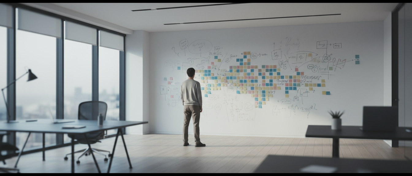 A leader pausing in front of a whiteboard before an AI decision