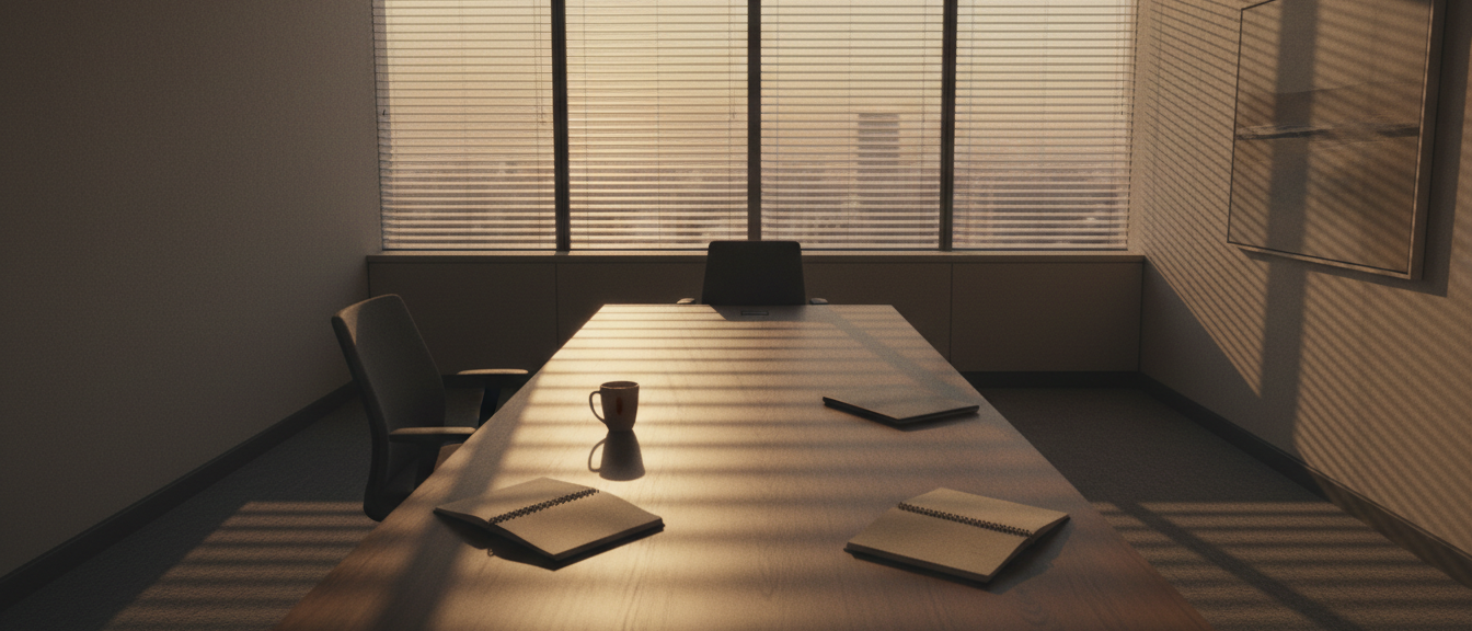 Empty boardroom in late afternoon with notebooks and coffee on a long table
