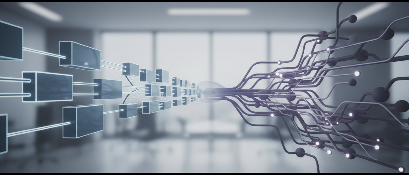 Abstract visualization contrasting workflow automation and AI agents in a business environment