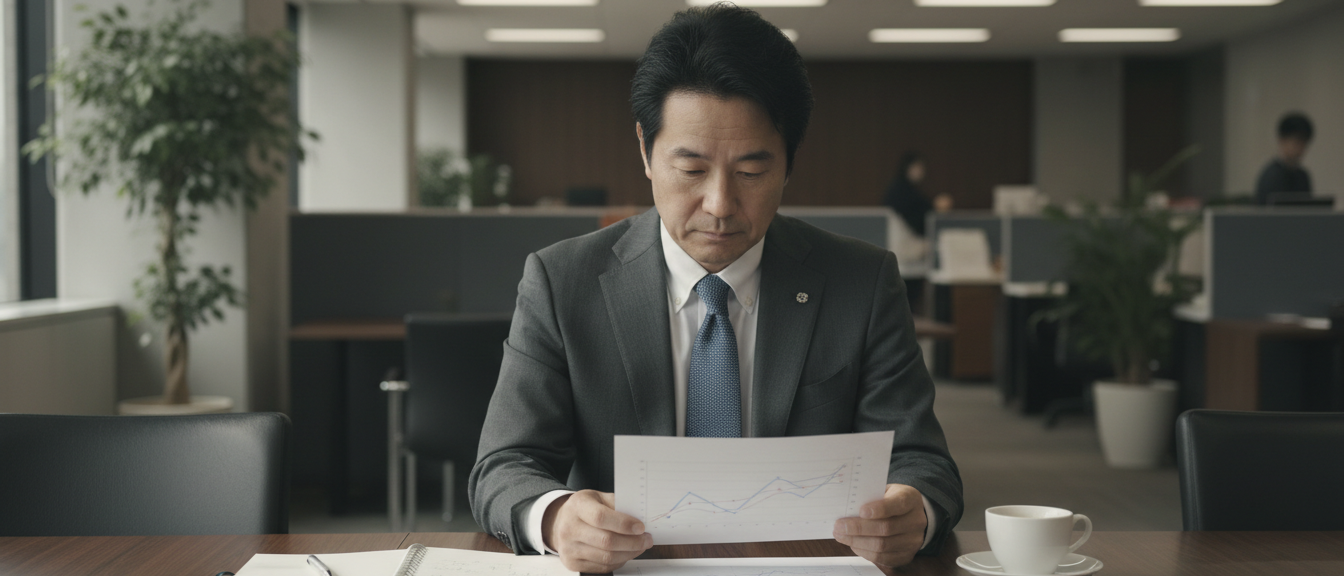 ROI 測定の月次グラフを見つめる経営者のイメージ