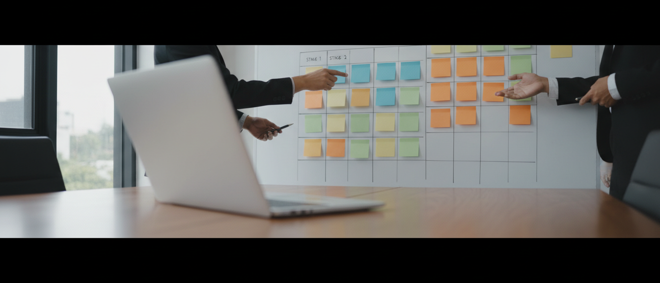 Strategy session for an AI adoption roadmap on a whiteboard