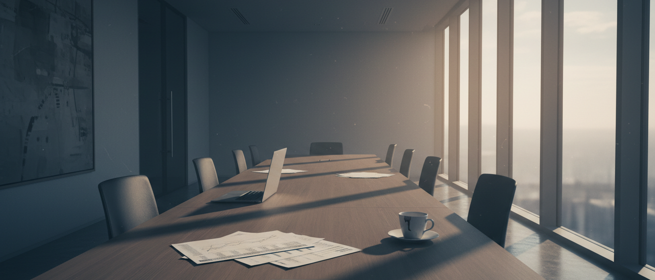 Empty conference room with scattered financial documents representing AI project budget planning