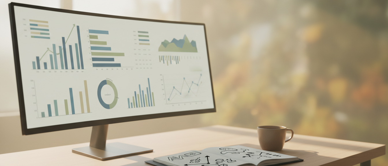 An analytics dashboard on a monitor beside a notebook with handwritten metrics in a softly lit office