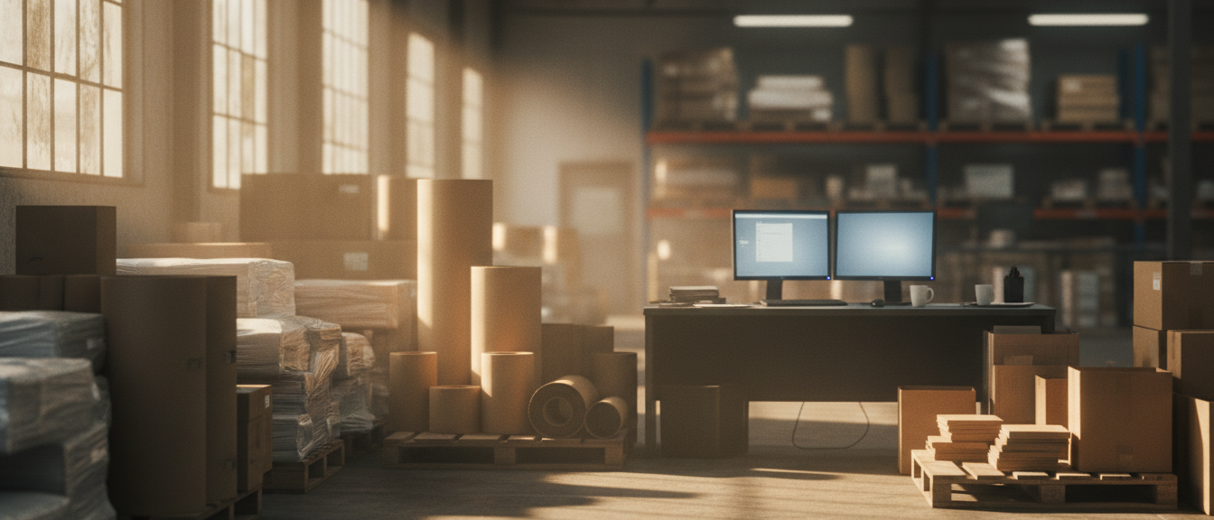 Late afternoon inside a small Midwest packaging distribution warehouse with stacked pallets and an operations manager's dual-monitor desk in the foreground