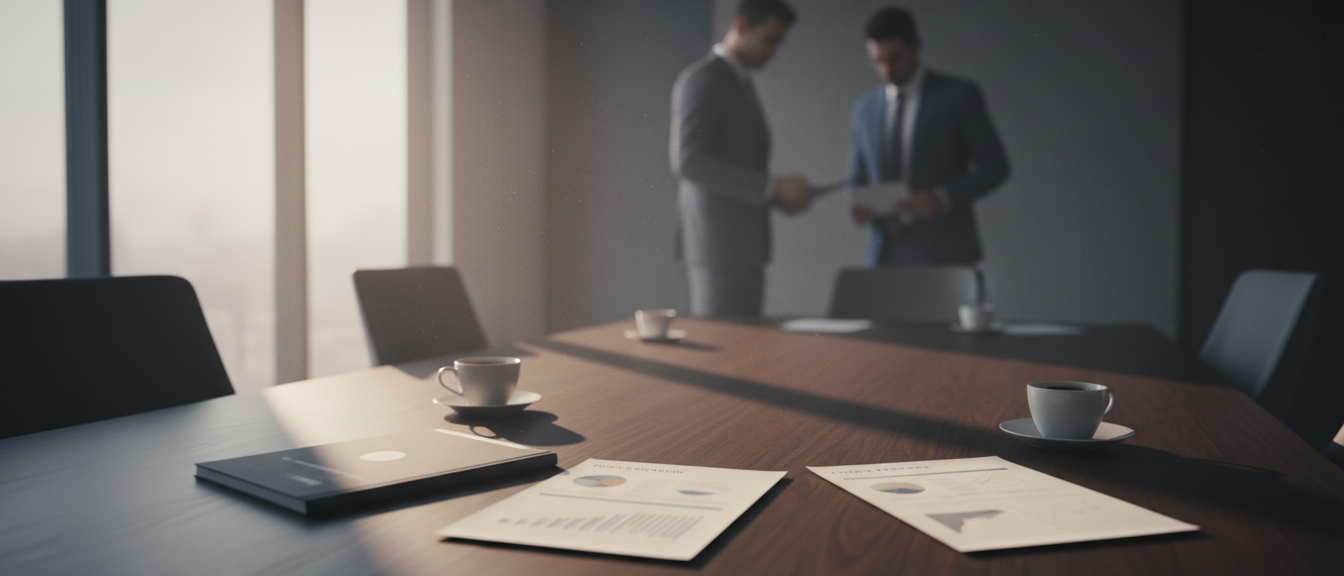 Three quotes and a coffee cup on a meeting table