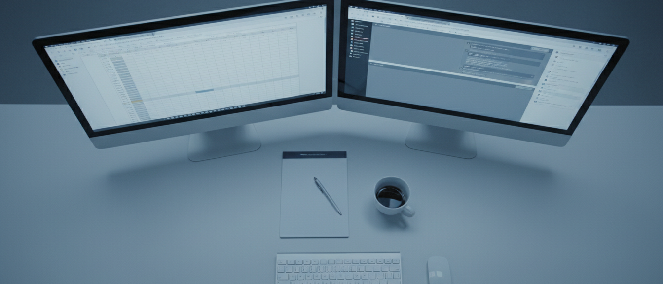 Two screens side by side on an office desk — symbolizing a tool sitting outside the daily workflow