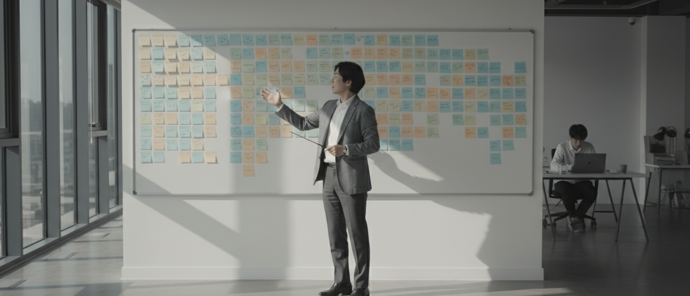 A staffing coordinator standing in front of a matching board in a recruiting office