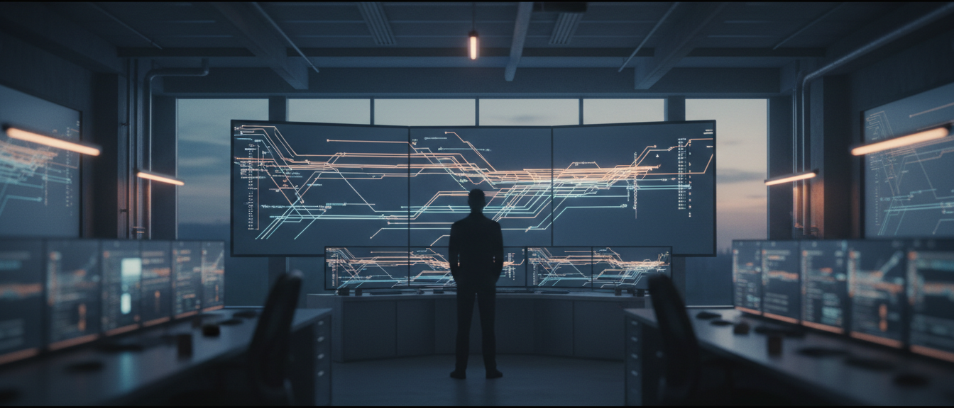 A dispatcher standing in front of logistics control screens with a wall of monitors showing tracking flows